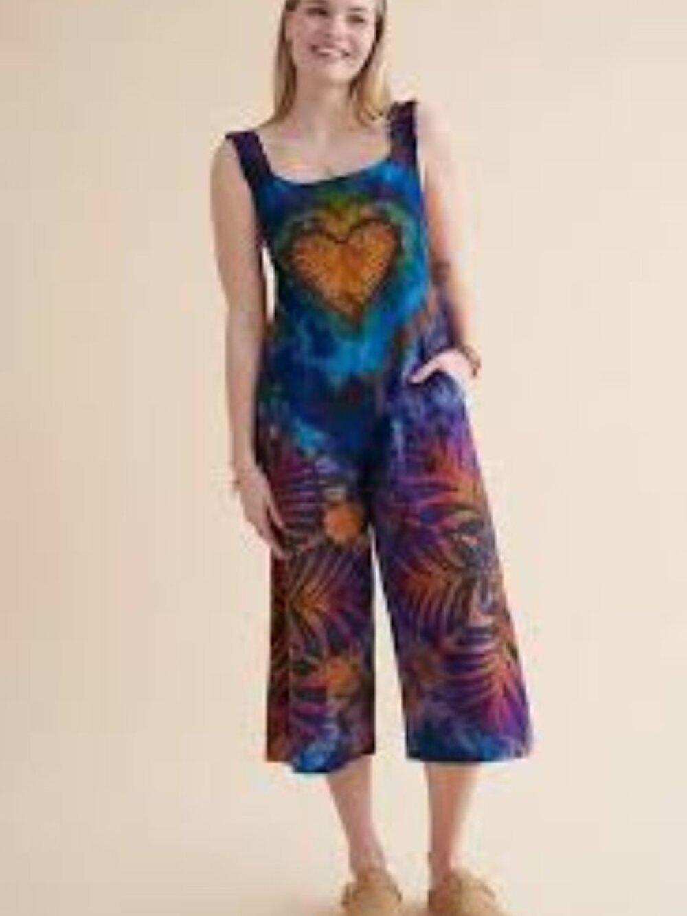 Earthbound Trading Co Rainbow Heart Artisan Tie Dye Jumpsuit Overalls NWT L